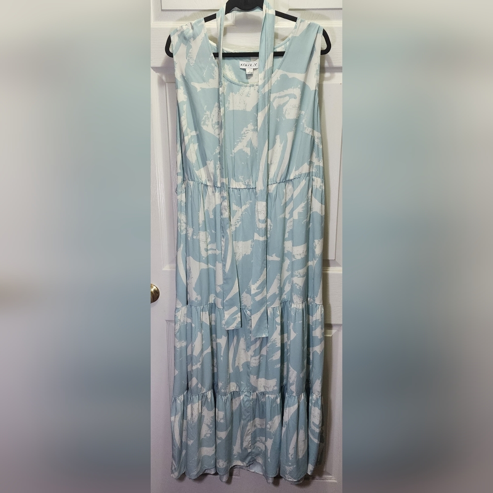 Ava & Viv Abstract Print Maxi Dress Robin Egg Blue w/Pockets 1X